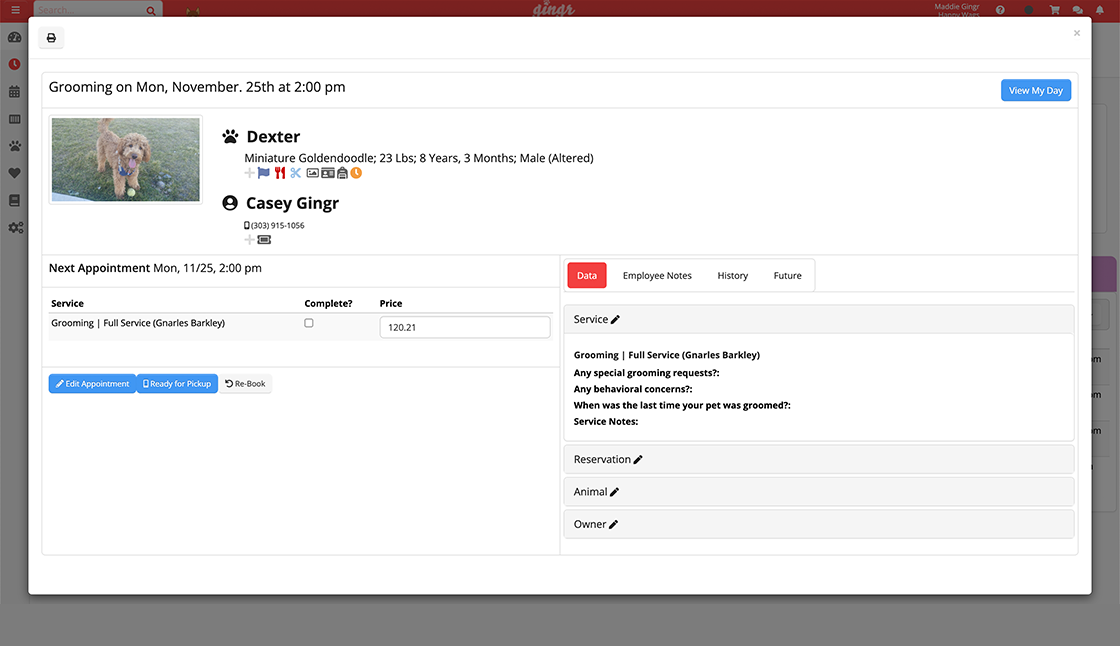 A screenshot of the grooming dashboard in Gingr's pet grooming software.