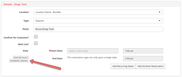 availability calendar in a test Gingr app