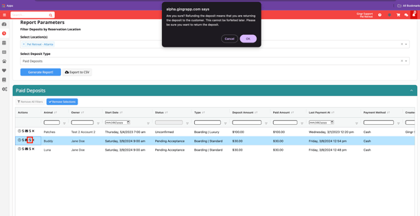 Gingr deposit refund screenshot