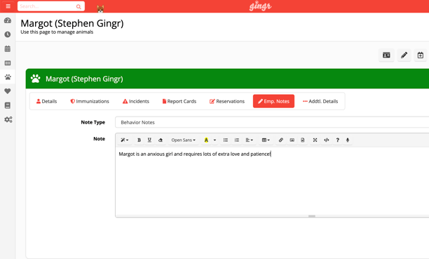 screenshot of employee notes