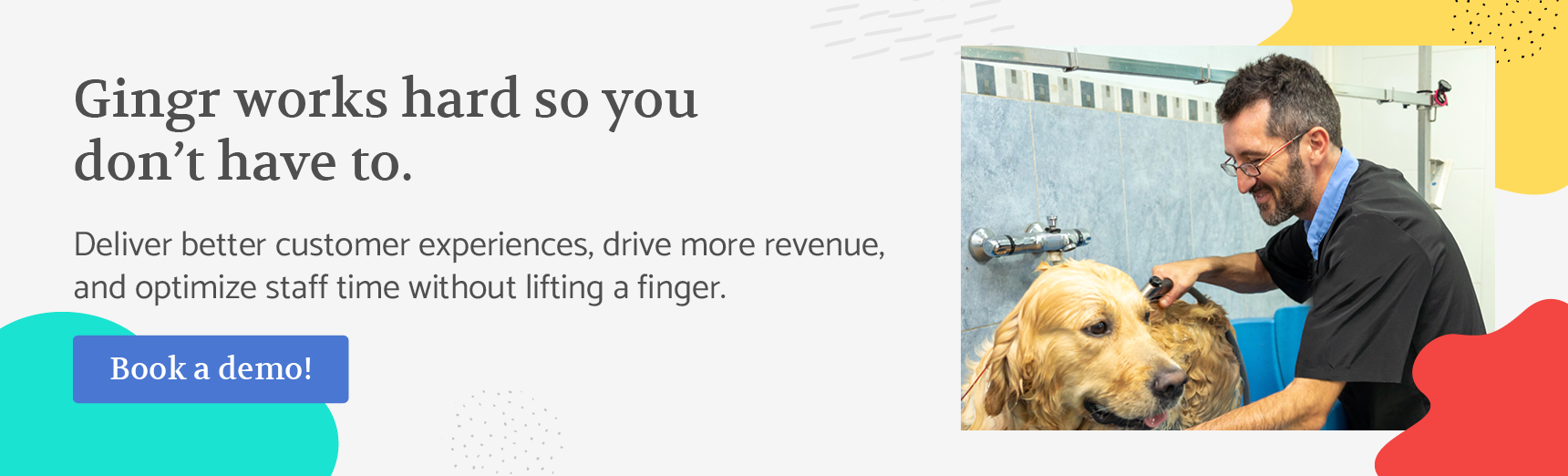 Gingr works hard so you don’t have to. Deliver better customer experiences, drive more revenue, and optimize staff time without lifting a finger. Book a demo!