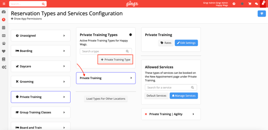 private training setup in Gingr pet-care business software