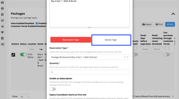 service type packages in Gingr screenshot