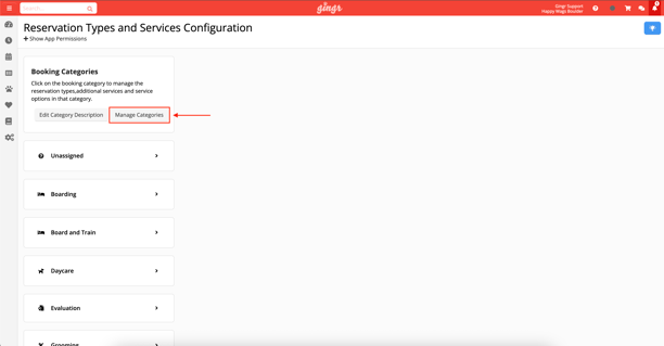 booking categories screenshot in Gingr