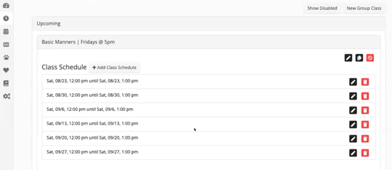 group class schedule in gingr