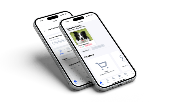 Gingr for Pet Parents mobile app showing booking calendar and. more