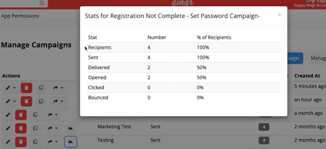 screenshot showing email marketing stats