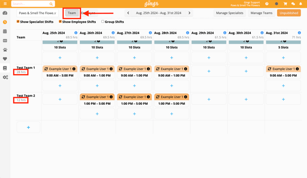 staff calendar in Gingr