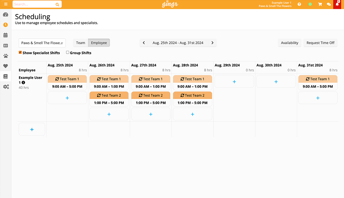 A screenshot of the scheduling tool in Gingr's dog training software.