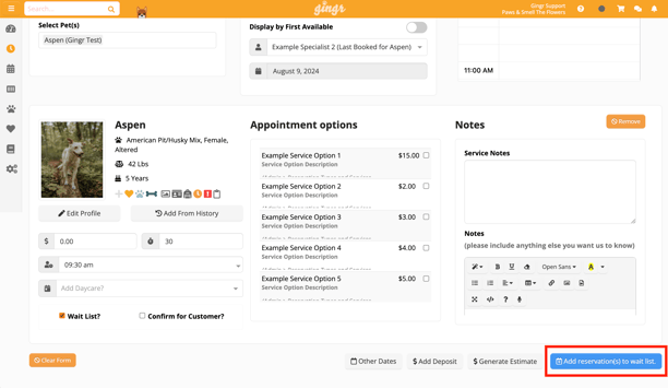 adding a reservation to a waitlist in Gingr